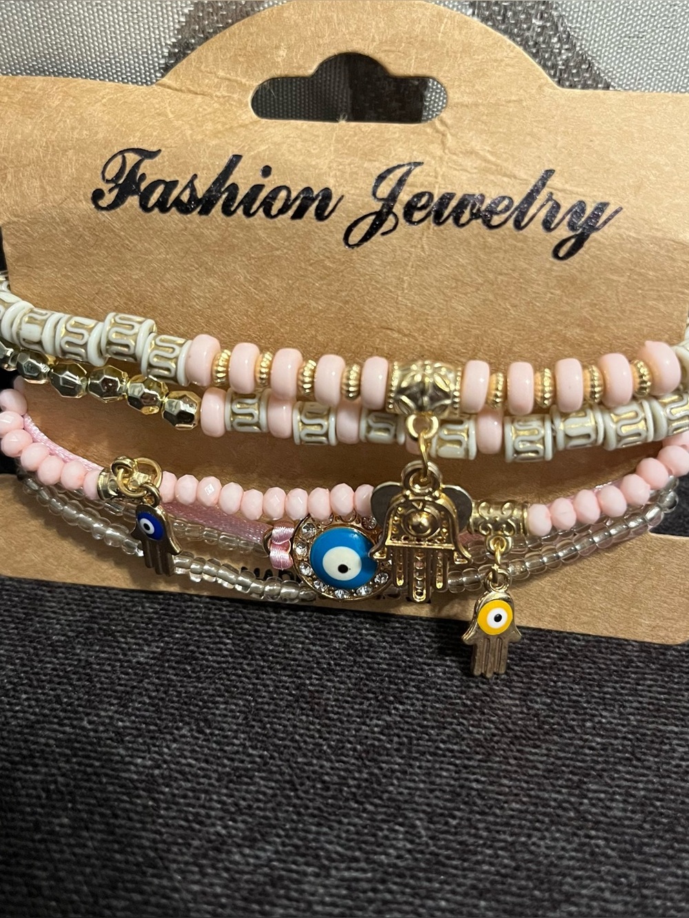 Fashion Jewelry Pink Beaded Hamsa & Evil Eye Layered Bracelet Set